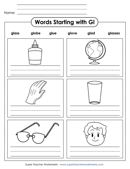 Worksheets - Writing Words that Start with GL Worksheets - Writing Words that Start with GL