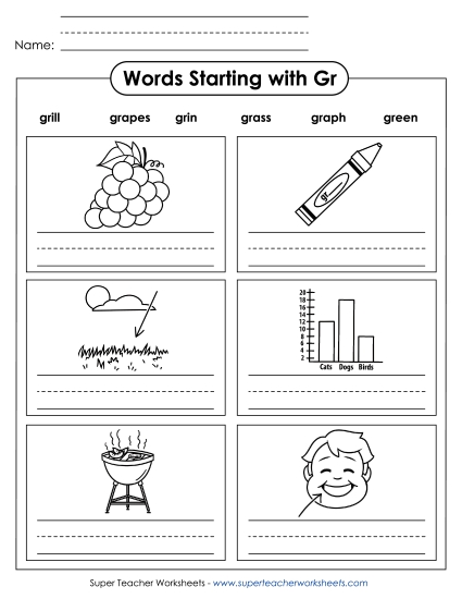 Worksheets - Writing Words that Start with GR Worksheets - Writing Words that Start with GR