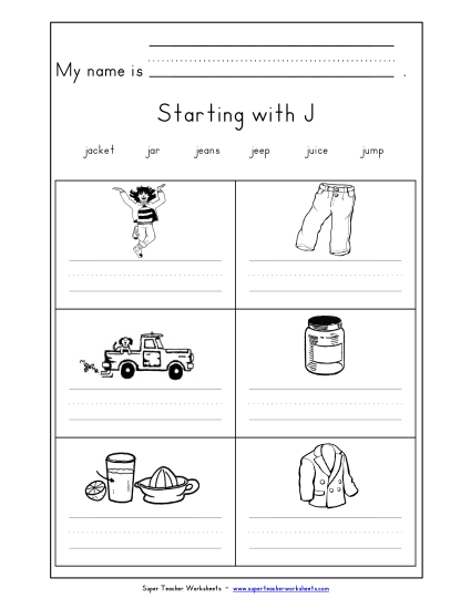 Worksheets - Writing Words that Start with J j