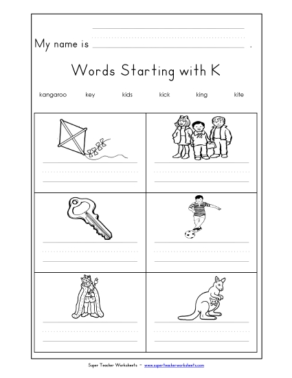 Worksheets - Writing Words that Start with K Worksheets - Writing Words that Start with K
