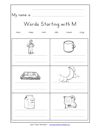 Worksheets - Writing Words that Start with M m