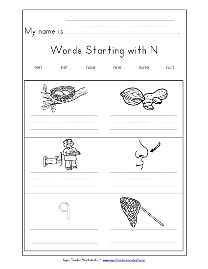 Worksheets - Writing Words that Start with N n Worksheets - Writing Words that Start with N n