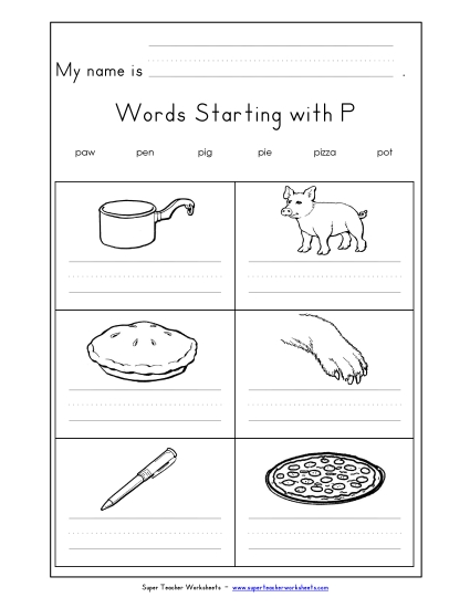 Worksheets - Writing Words that Start with P p