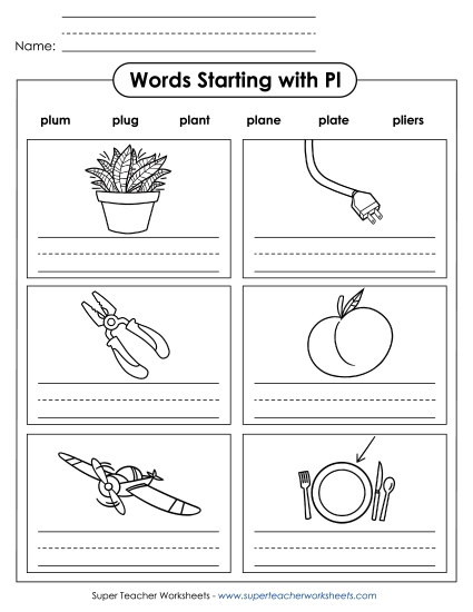 Worksheets - Writing Words that Start with PL Worksheets - Writing Words that Start with PL
