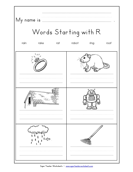 Worksheets - Writing Words that Start with R r
