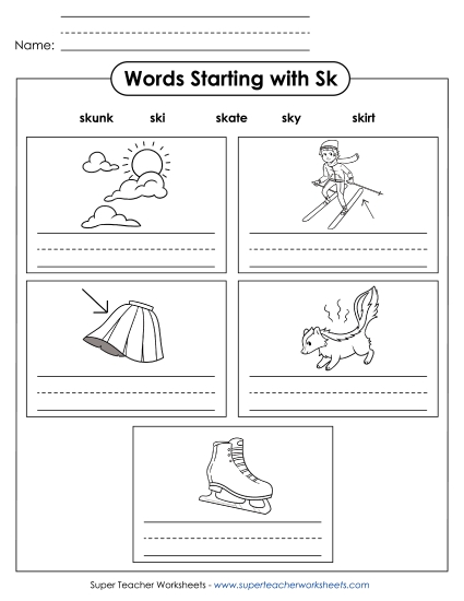 Worksheets - Writing Words that Start with SK Worksheets - Writing Words that Start with SK