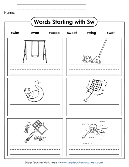 Worksheets - Writing Words that Start with SW Worksheets - Writing Words that Start with SW