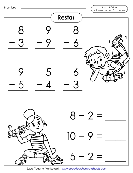 Datos Básicos de Sustracción: Juguetes (Minuendos 10 o Menos) Gratis Resta Worksheet