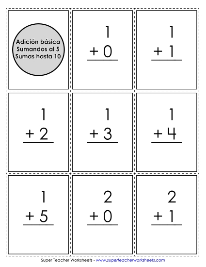 Tarjetas de Suma Básica Sumandos hasta 5; Sumas hasta 10 Gratis Worksheet