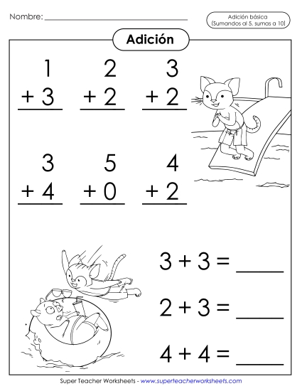 Datos Básicos de Suma: Gato Nadador (Sumandos hasta 5; Sumas hasta 10) Gratis Worksheet