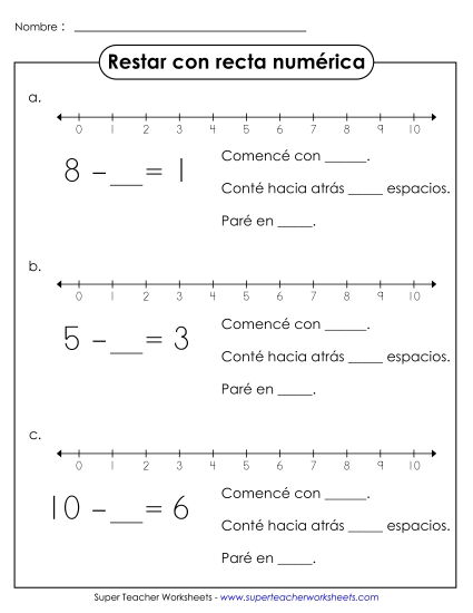 Sustracción en la Línea Numérica 2 Gratis Resta Worksheet