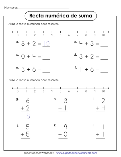 Adición con Línea Numérica 2 Gratis Suma Worksheet