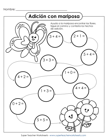 Mariposa de Suma (Sumandos hasta 10, Sumas hasta 10) Gratis Worksheet