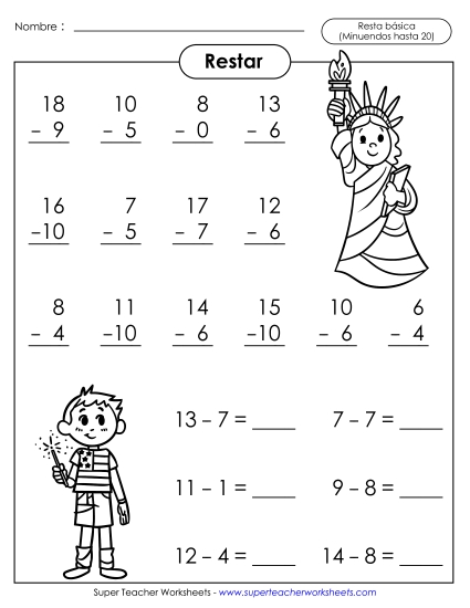 Hechos Básicos de Resta: Patriótico Gratis Worksheet