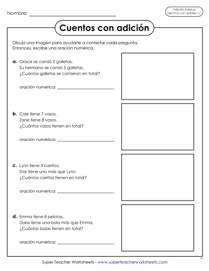 Historias de Suma (Problemas de Palabras) Suma de Dobles Más 1 Gratis Worksheet