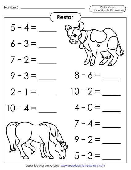 Hechos Básicos de Resta: Animales (Horizontal) Gratis Worksheet