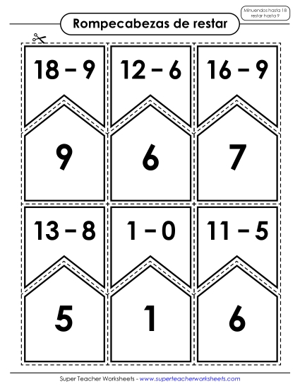 Rompecabezas de Resta: Minuendos hasta 18, Sustraendos hasta 9 Gratis Worksheet