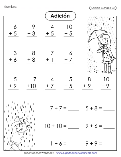 Hechos Básicos de Suma: Día Lluvioso Gratis Worksheet
