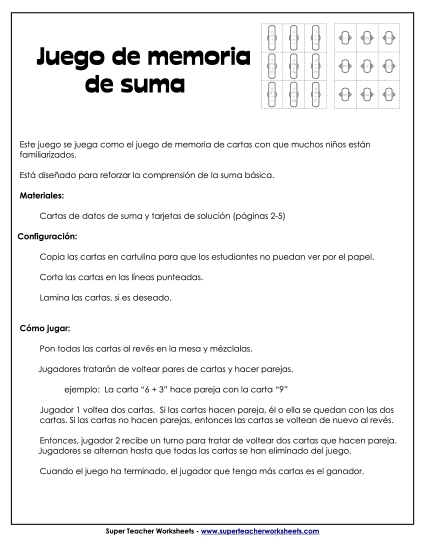 Juego de Memoria de Sumas Gratis Worksheet