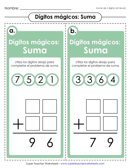Juego de Dígitos Mágicos (2 dígitos; Sin acarreo) Gratis Suma Worksheet