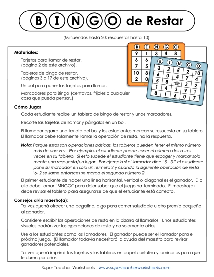 Bingo de Resta (Minuendos hasta 20) Gratis Worksheet