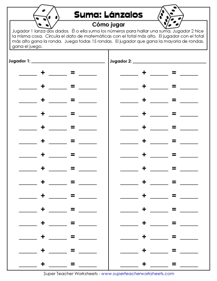 Juego de Dados de Suma (Dos Jugadores) Gratis Worksheet