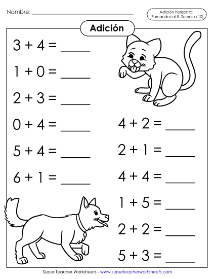 Hechos Básicos de Suma: Mascotas (Horizontal) Gratis Worksheet