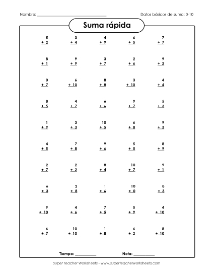Suma Rápida 0-10 (Versión 3) Gratis Worksheet