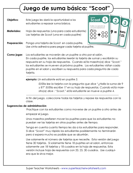 Juego Scoot de Suma Básica Gratis Worksheet