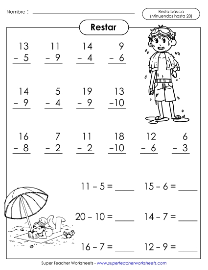 Hechos Básicos de Sustracción: Playa Gratis Resta Worksheet