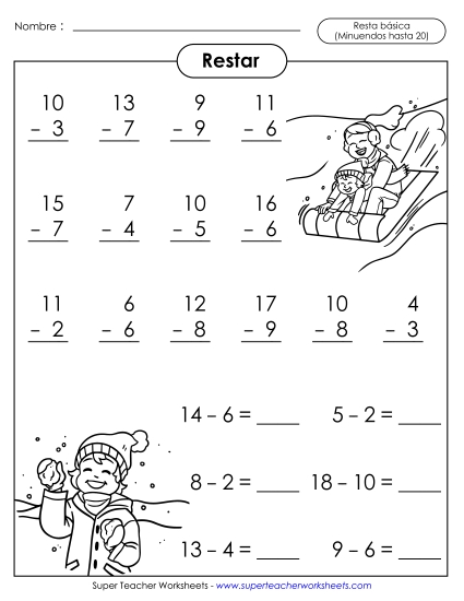 Hechos Básicos de Sustracción: Diversión Invernal Gratis Resta Worksheet