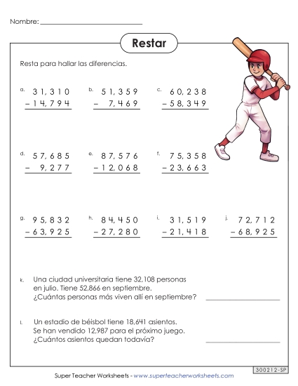 Sustracción de 5 Dígitos Gratis Resta Worksheet