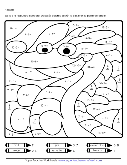 Imagen Misteriosa: Dragón Gratis Resta Worksheet