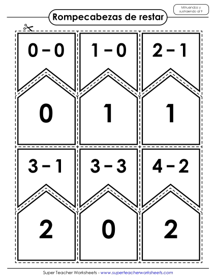 Rompecabezas de Resta: Minuendos y Sustraendos hasta el 9 Gratis Worksheet