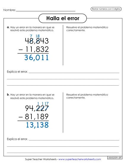 Encuentra los Errores Gratis Resta Worksheet