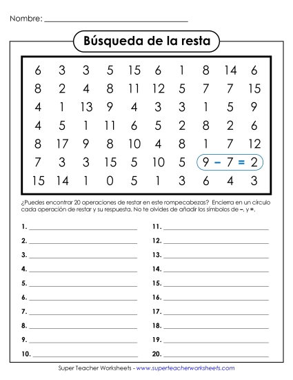 Búsqueda de Números de Resta Gratis Worksheet