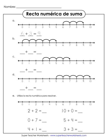 Adición con Línea Numérica Gratis Suma Worksheet