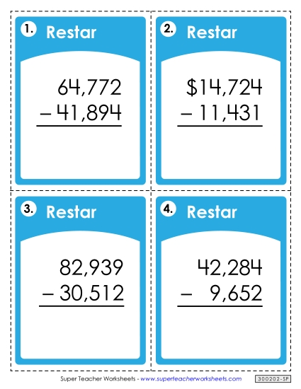 Tarjetas de Tarea: Resta de 5 Dígitos Gratis Worksheet