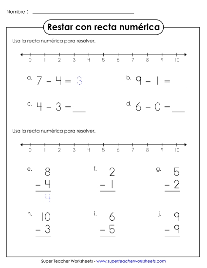 Resta con Línea Numérica 4 Gratis Worksheet