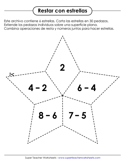 Rompecabezas de Estrellas de Resta (Minuendos de 10 o menos) Gratis Worksheet