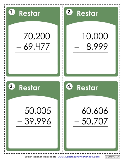 Tarjetas de Tarea: Resta de 5 Dígitos a Través de Cero Gratis Worksheet