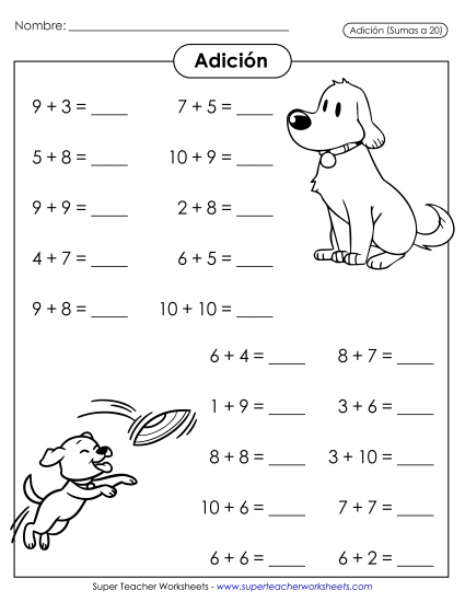 Hechos Básicos de Suma: Perros (Horizontal) Gratis Worksheet