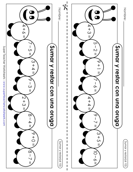 Oruga: Suma y Resta (Dentro de 10) Gratis Suma Y Resta Mixtas Worksheet