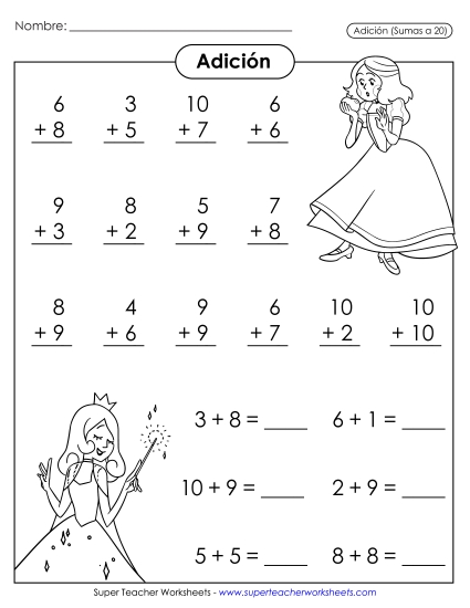 Hechos Básicos de Suma: Cuentos de Hadas Gratis Worksheet