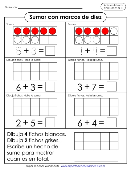 Sumando con Marcos de Diez Gratis Cuadros De Diez Worksheet
