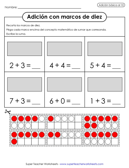 Adición con Marcos de Diez (Cortar y Pegar) Gratis Cuadros De Diez Worksheet