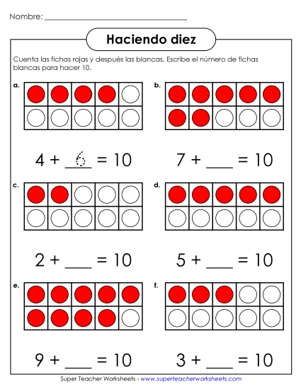 Marcos de Diez: Haciendo 10 Gratis Suma Worksheet