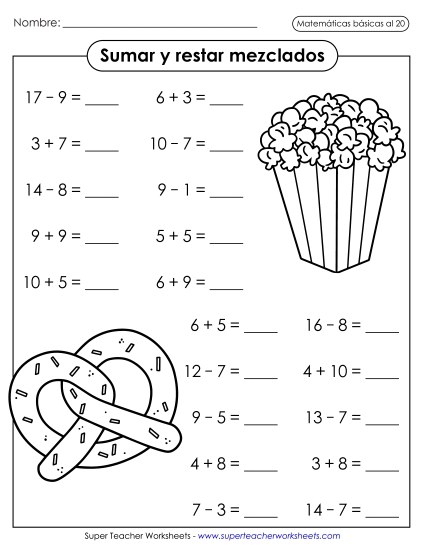 Hechos de Suma y Resta: Meriendas (Horizontal) Gratis Suma Y Resta Mixtas Worksheet