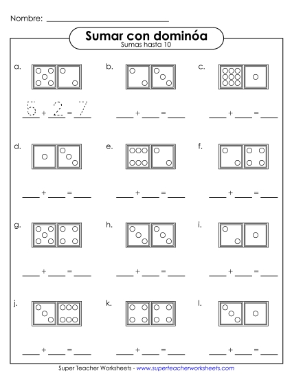 Adición con Dominós (Completar - Sumas hasta 10) Gratis Worksheet