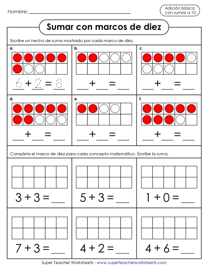 Sumando con Marcos de Diez 3 Gratis Cuadros De Diez Worksheet